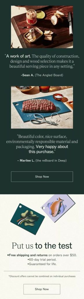 An advertisement featuring wooden serving boards. Includes testimonials praising quality, design, and eco-friendliness. Offers free shipping and a 60-day trial.