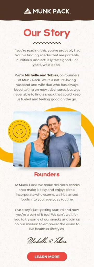 A promotional image for Munk Pack titled 'Our Story.' It features a smiling couple, co-founders Michelle and Tobias. They are against a backdrop of warm colors and a happy face icon. The text describes their mission to create portable, nutritious snacks. A red 'Learn More' button is at the bottom.