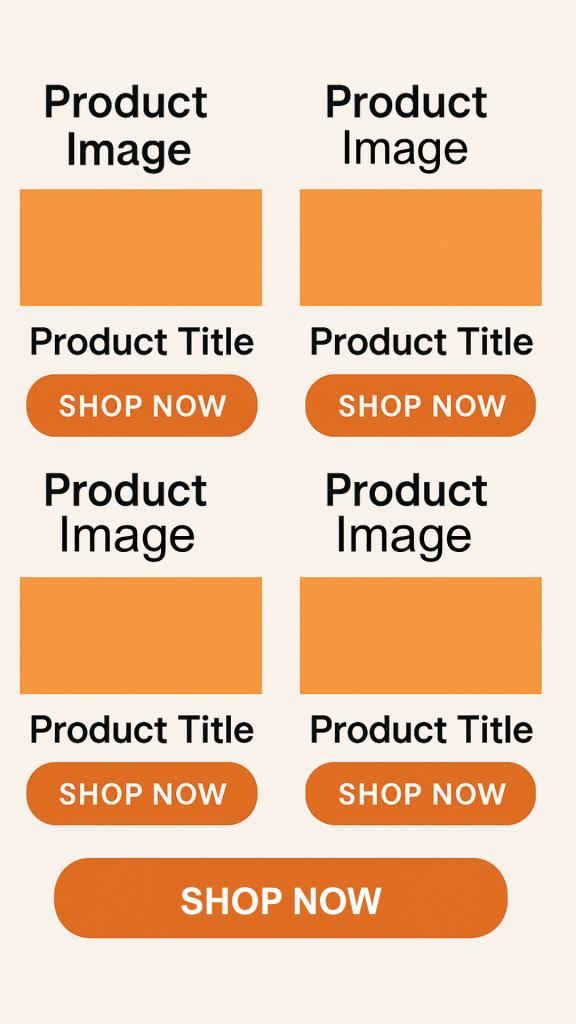 "Retail layout with orange blocks for images and 'Shop Now' buttons. Two product columns, each with identical design elements and CTAs."