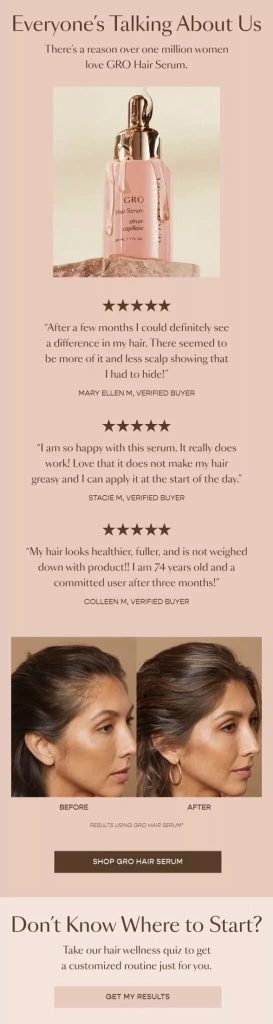 Advertisement for GRO Hair Serum featuring a pink and gold bottle. Includes positive reviews from verified buyers praising the serum's effectiveness. Before-and-after images show noticeable hair improvement. The tone is positive and encouraging. Call-to-action buttons invite users to purchase the serum or take a hair wellness quiz.