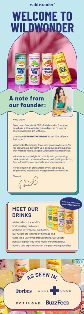 Wildwonder welcome banner with bright beverage cans. A note from the founder highlights health and community benefits. Featured drinks in vibrant colors with descriptions. Logos from Forbes, Well+Good, and more at the bottom.