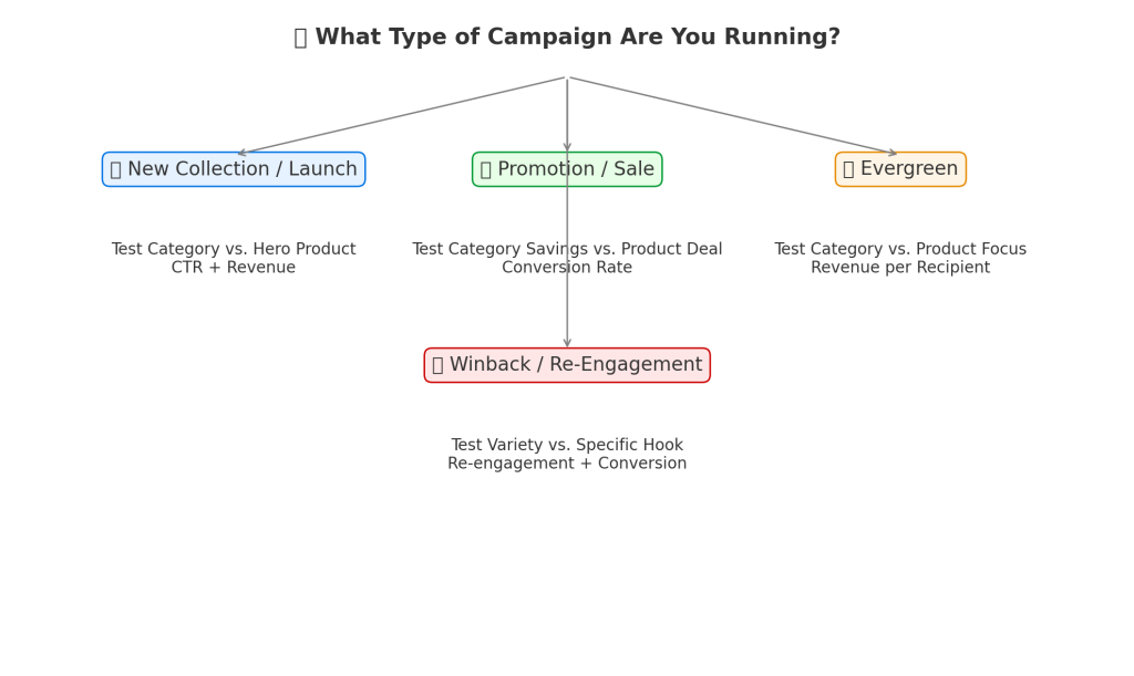 Flowchart titled "What Type of Campaign Are You Running?" with three branches: "New Collection/Launch," "Promotion/Sale," and "Evergreen," leading to testing strategies like CTR, Savings, Focus, Re-engagement.