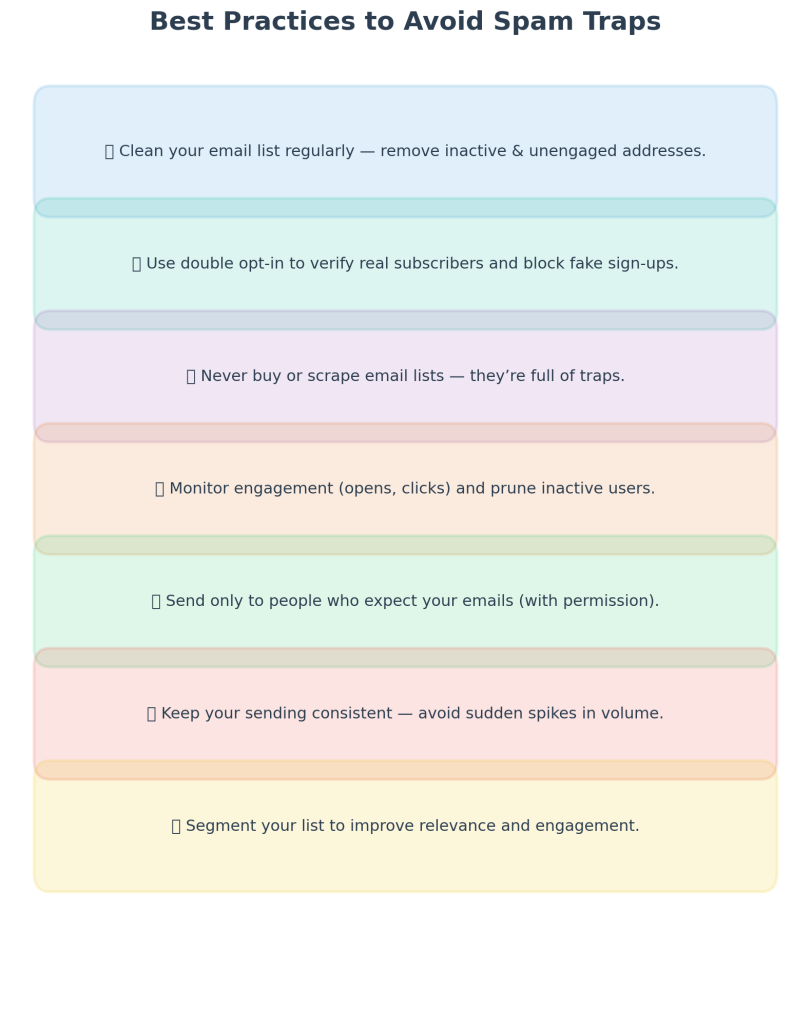 "Colorful infographic titled 'Best Practices to Avoid Spam Traps,' showing tips like cleaning email lists, using double opt-in, monitoring engagement, and segmenting your list. The layout presents each tip in distinct color blocks."