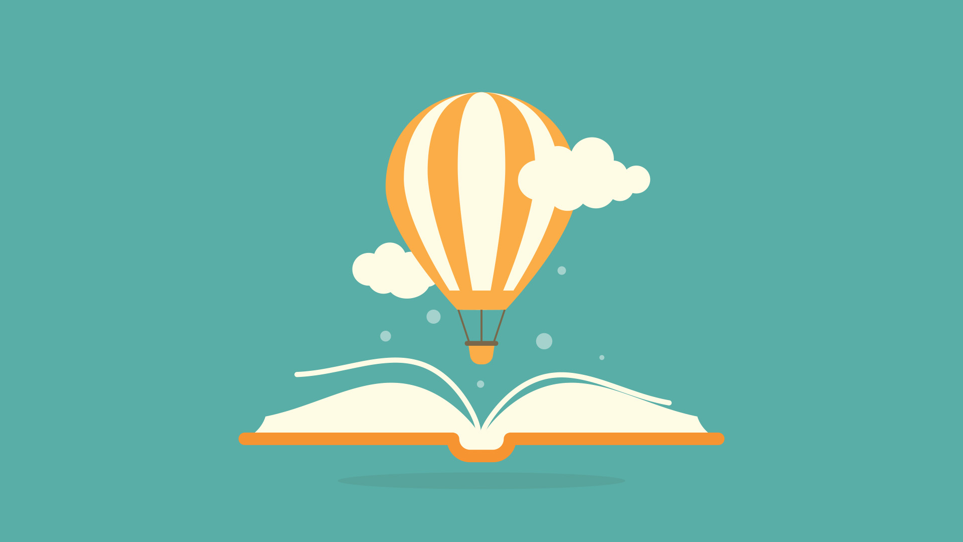 Illustration of an open book with a striped hot air balloon rising from it, surrounded by clouds, set against a teal background, conveying imagination.