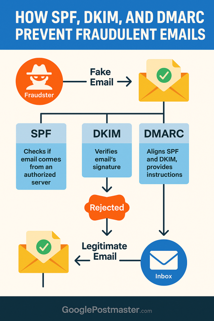 Diagram illustrating how SPF, DKIM, and DMARC prevent fraudulent emails. Shows email validation steps leading to rejection or legitimate inbox entry.