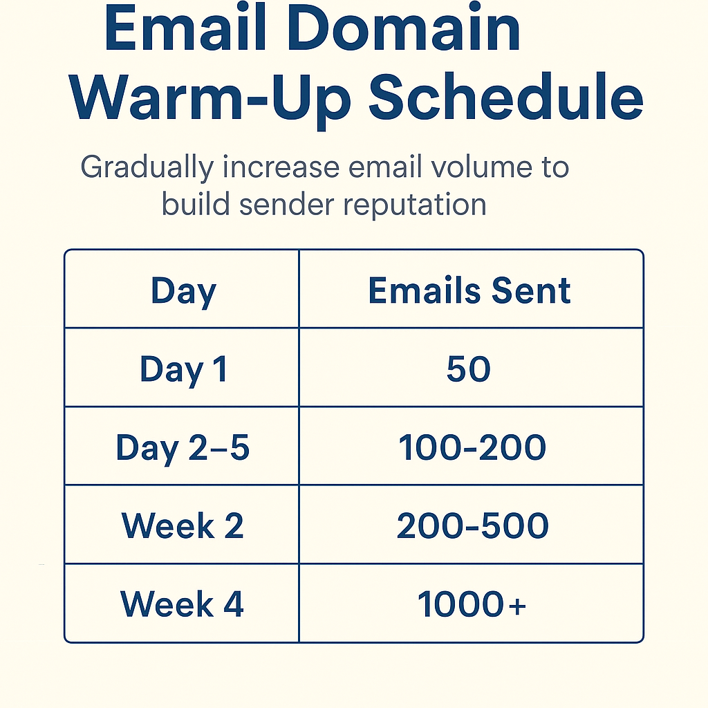 Email Domain Warm-Up Schedule chart: Day 1, 50 emails; Days 2-5, 100-200; Week 2, 200-500; Week 4, 1000+. Gradual increase for reputation.