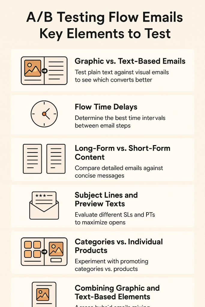 A/B Testing Flow Emails infographic lists key elements to test: graphic vs. text emails, flow time delays, content length, subject lines, and categories.