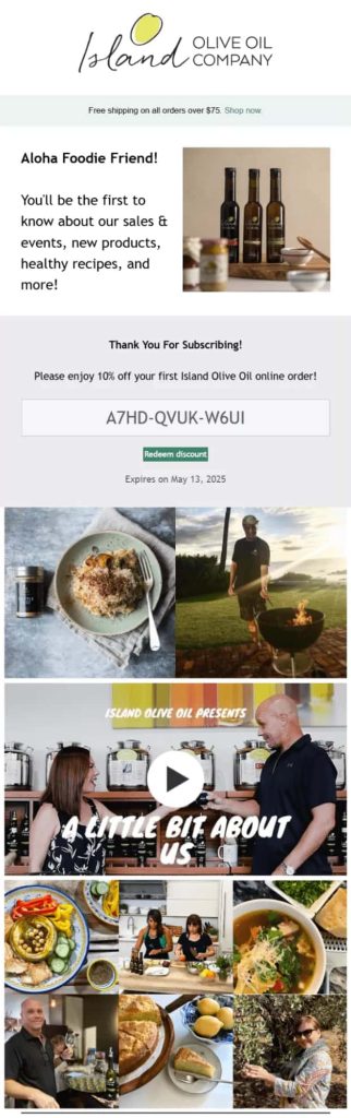 Island Olive Oil Company newsletter featuring a discount code. Images include olive oil bottles, a meal, outdoor grilling, and cooking classes. Cheerful and inviting tone.