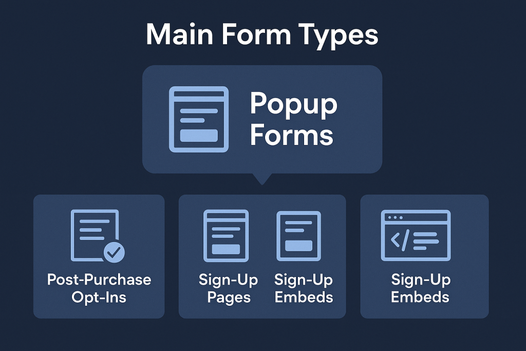 Diagram of "Main Form Types" on a dark background. Includes "Popup Forms" above icons for "Post-Purchase Opt-Ins," "Sign-Up Pages," and "Sign-Up Embeds."