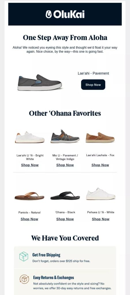OluKai promotional email featuring various shoe styles. Highlights include Lae‘ahi - Pavement, plus several 'Ohana favorites like slip-ons and sandals. Offers include free shipping over $125 and easy returns.