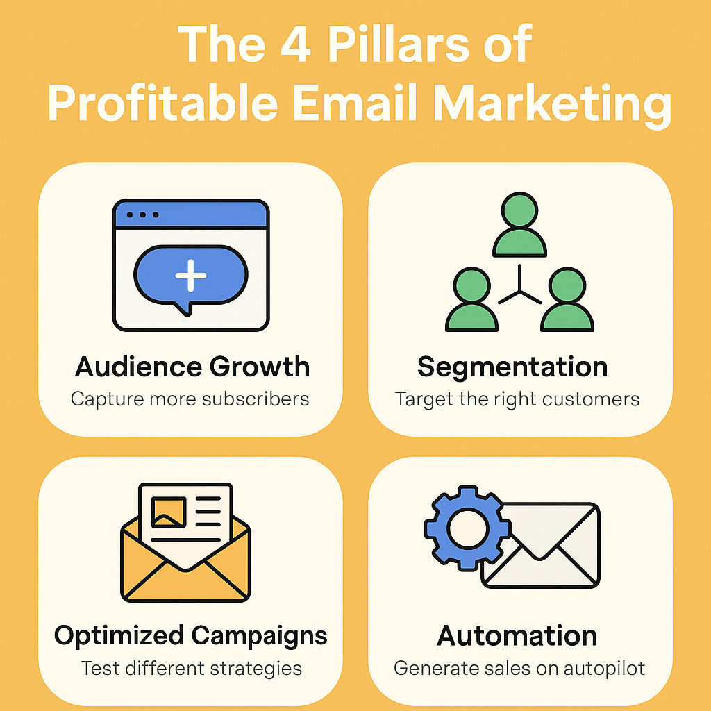 Four icons illustrate the pillars of profitable email marketing: Audience Growth, Segmentation, Optimized Campaigns, and Automation, on a yellow background.