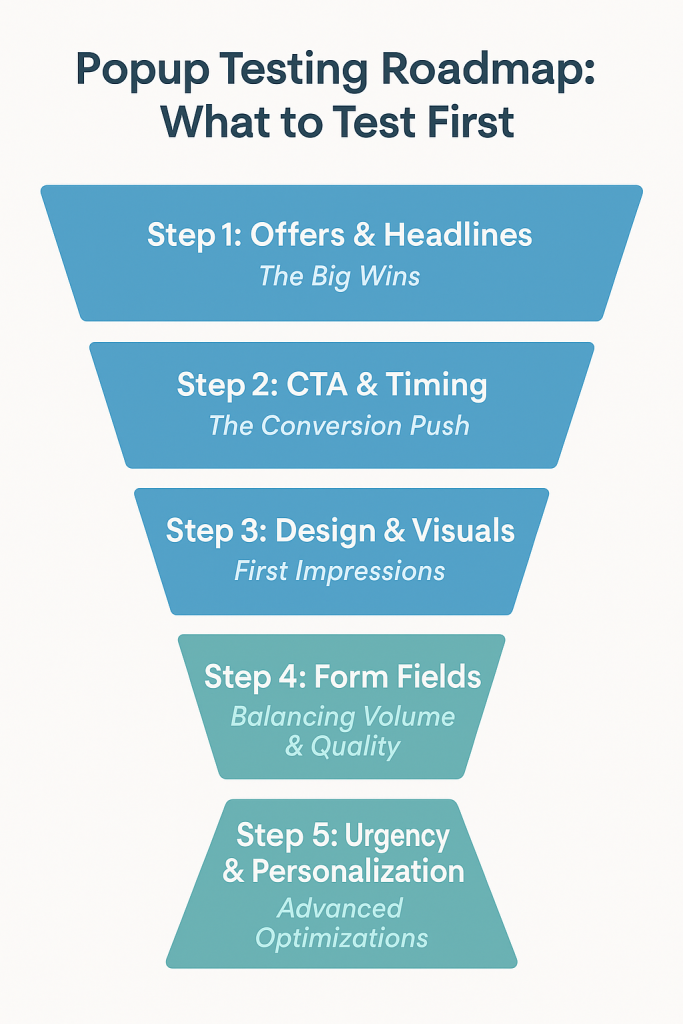 "Infographic titled 'Popup Testing Roadmap: What to Test First' features a descending funnel. Steps include Offers & Headlines, CTA & Timing, Design & Visuals, Form Fields, and Urgency & Personalization. Each step emphasizes strategic focus areas and goals."