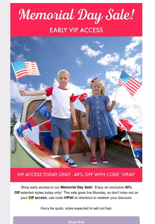 Two children on a boat hold American flags under a bright sky, surrounded by red, white, and blue decorations. Text promotes a Memorial Day sale.