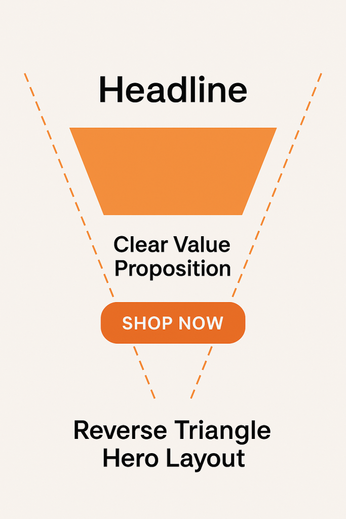 Diagram of a "Reverse Triangle Hero Layout" with "Headline" at the top, "Clear Value Proposition" inside the triangle, and "Shop Now" button below.