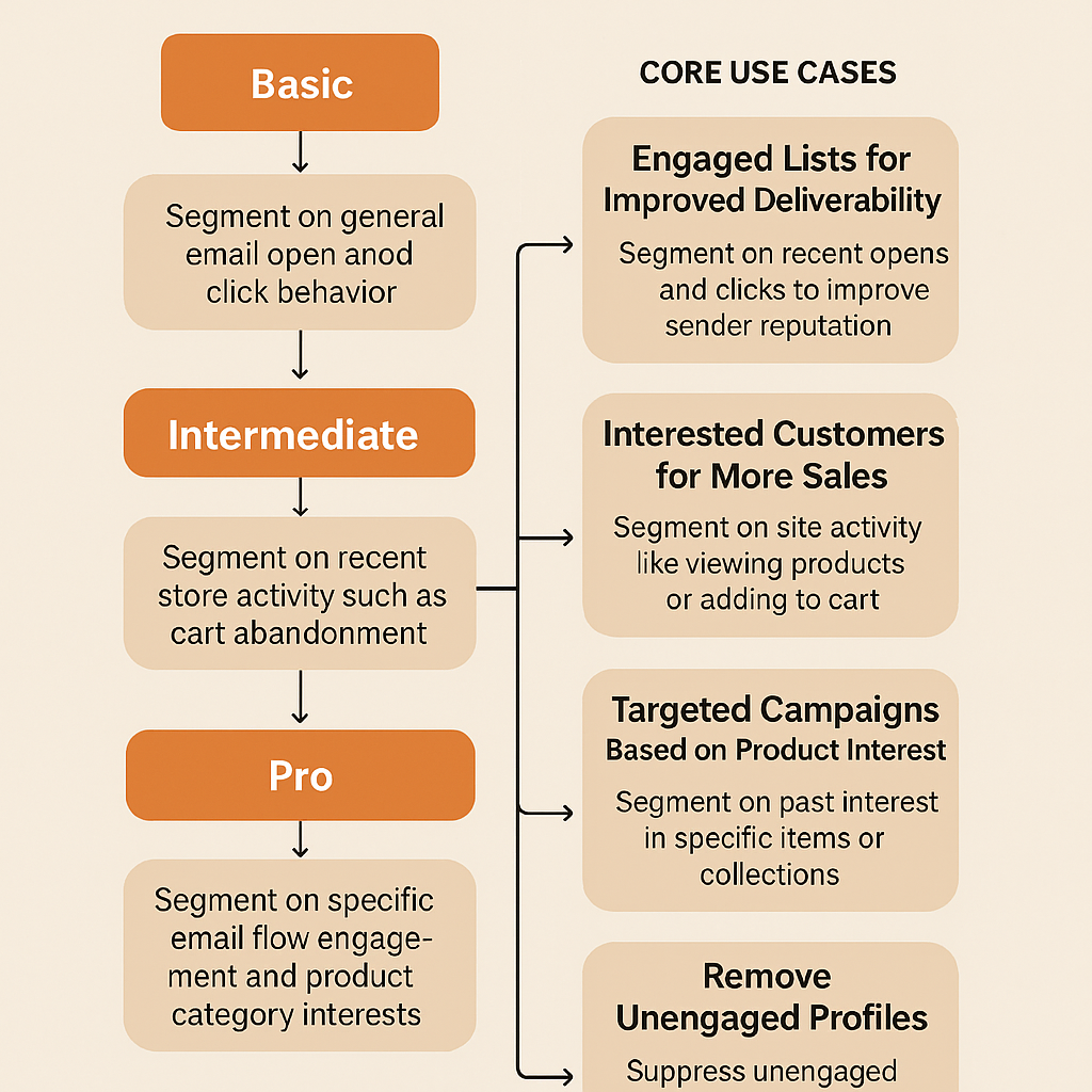 Flowchart depicting email segmentation strategies: Basic, Intermediate, and Pro levels, linked to core use cases like improved deliverability and targeted campaigns.