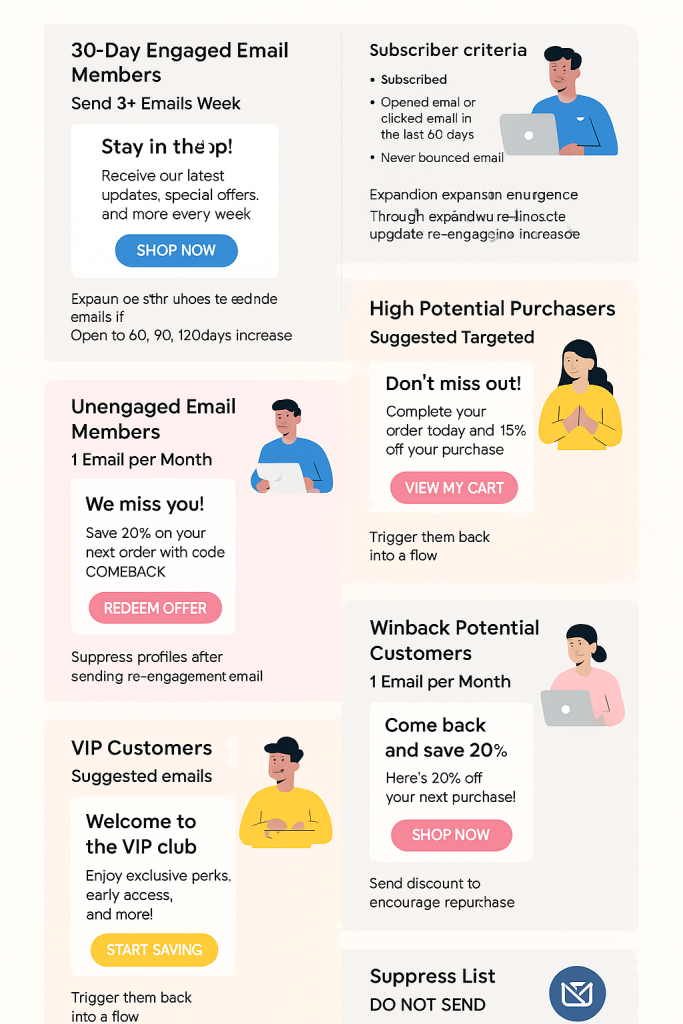 Infographic outlining email marketing strategies with cartoon illustrations. Categories include Engaged Members, High Potential Purchasers, Unengaged Members, and VIP Customers, highlighting subscriber criteria and offers like discounts and exclusive perks."