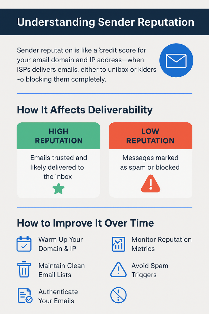 "Infographic on sender reputation in email deliverability. High reputation means emails go to inbox; low results in spam. Improve by warming up domain, maintaining clean lists, authenticating emails, monitoring metrics, and avoiding spam triggers. Blue and teal icons illustrate tips."