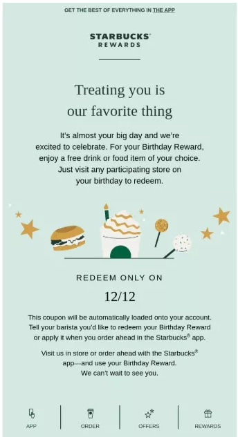 Starbucks Rewards birthday offer with festive graphics. Text invites a free drink or food item on 12/12. Icons for app navigation are shown at the bottom.