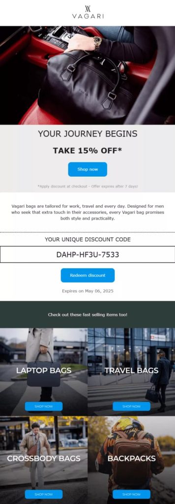 Promotional email for Vagari bags with a 15% discount offer. Top image shows a stylish black bag in a car's red leather interior. Below, discount code DAHP-HF3U-7533 and expiration date May 06, 2025, with a blue button to redeem. Bottom showcases four bag categories: Laptop Bags, Travel Bags, Crossbody Bags, and Backpacks, each with a 'Shop Now' button.