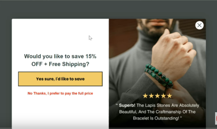 Popup offer on left with text 'Save 15% OFF + Free Shipping' and two buttons. Right side shows a person wearing a green beaded bracelet, holding their wrist, with a 5-star review praising its beauty and craftsmanship.