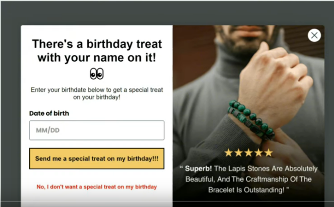 Birthday treat pop-up with a smiling emoji and text entry for birth date. Right side shows a man showcasing a beaded bracelet with a five-star review.