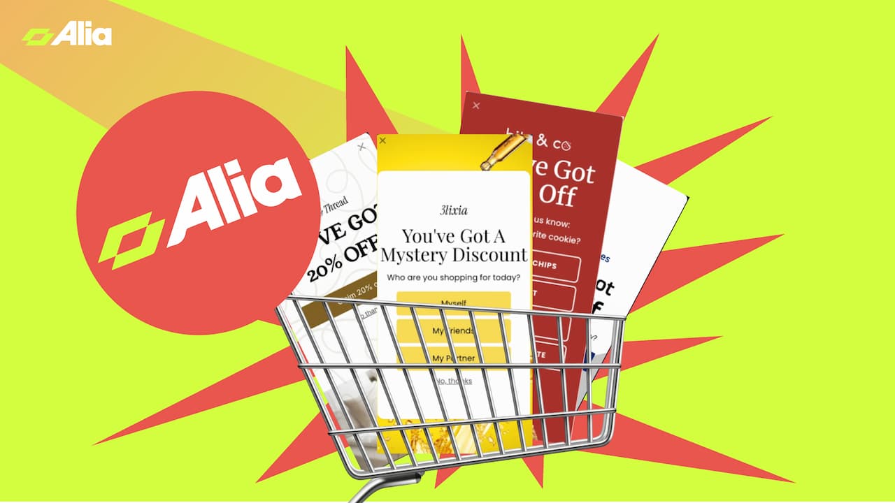 Shopping cart filled with various colorful discount flyers and a mystery discount card on a vibrant yellow background with a red starburst.
