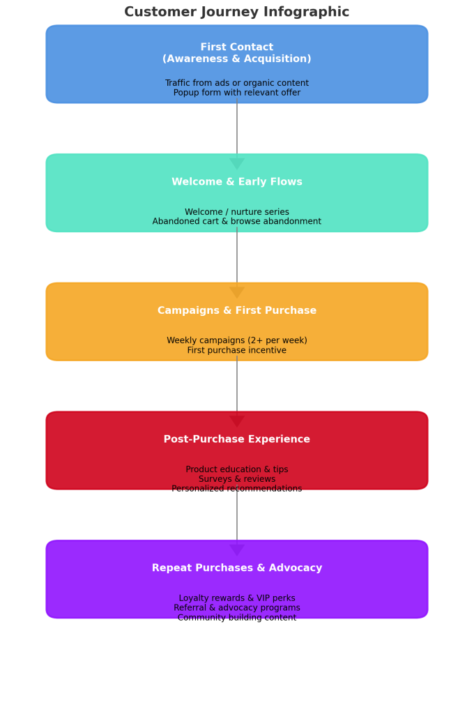 Customer journey infographic with five color-coded stages: blue for First Contact, green for Welcome, orange for Campaigns, red for Post-Purchase, and purple for Repeat Purchases. Each stage includes brief descriptions of actions and strategies.