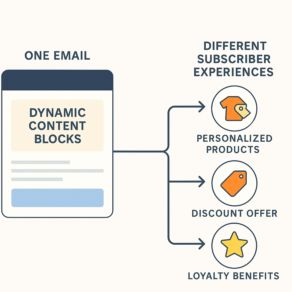 Diagram showing one email with "Dynamic Content Blocks" branching into three subscriber experiences: Personalized Products, Discount Offer, and Loyalty Benefits.
