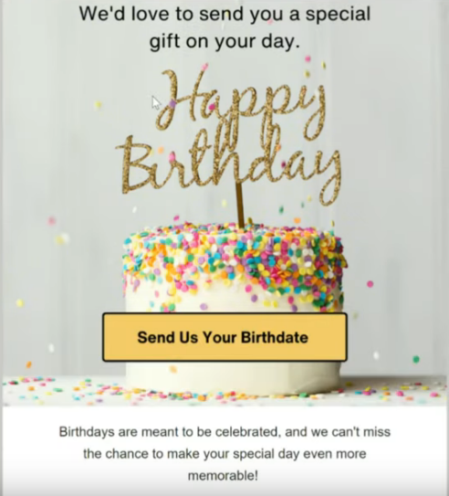 A frosted white cake topped with colorful sprinkles and a gold "Happy Birthday" topper. Above, text offers a special gift. Button reads: "Send Us Your Birthdate".