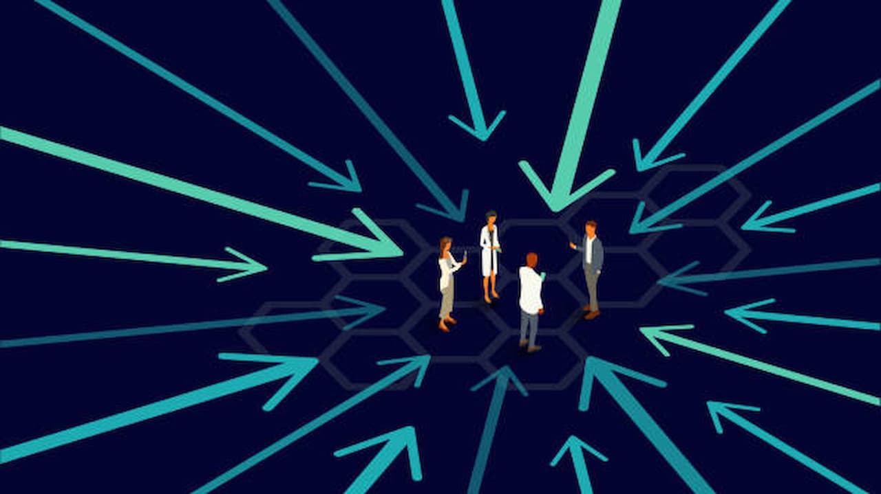 Illustration of four people standing on a dark blue honeycomb pattern, surrounded by turquoise arrows pointing inward, symbolizing collaboration.