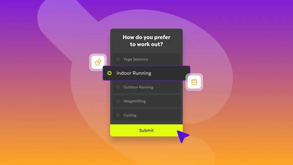 A colorful gradient background with a workout preference poll. Options include Yoga, Indoor/Outdoor Running, Weightlifting, and Cycling. "Indoor Running" is selected, and a purple pointer is near the yellow "Submit" button, creating an interactive feel.